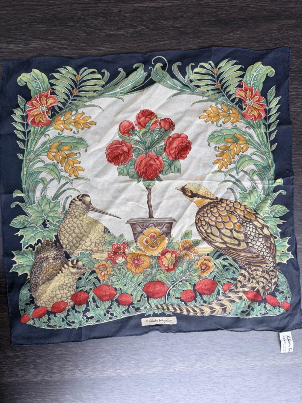 SALVATORE FERRAGAMO & Bird Silk Scarf with Red Rose (AUTHENTIC)